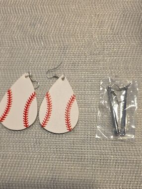 White Teardrop Baseball Stitch Earrings & Silver Baseball Bat Earrings